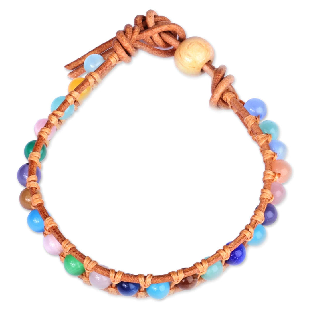 Multicolor Agate Beaded Bracelet with Brown Leather Accents - Summery Colors