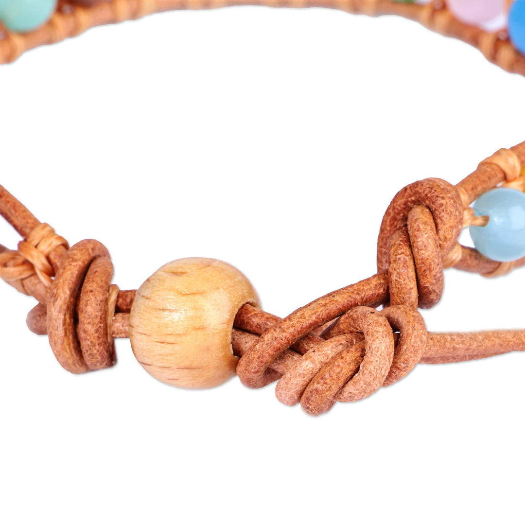 Multicolor Agate Beaded Bracelet with Brown Leather Accents - Summery Colors