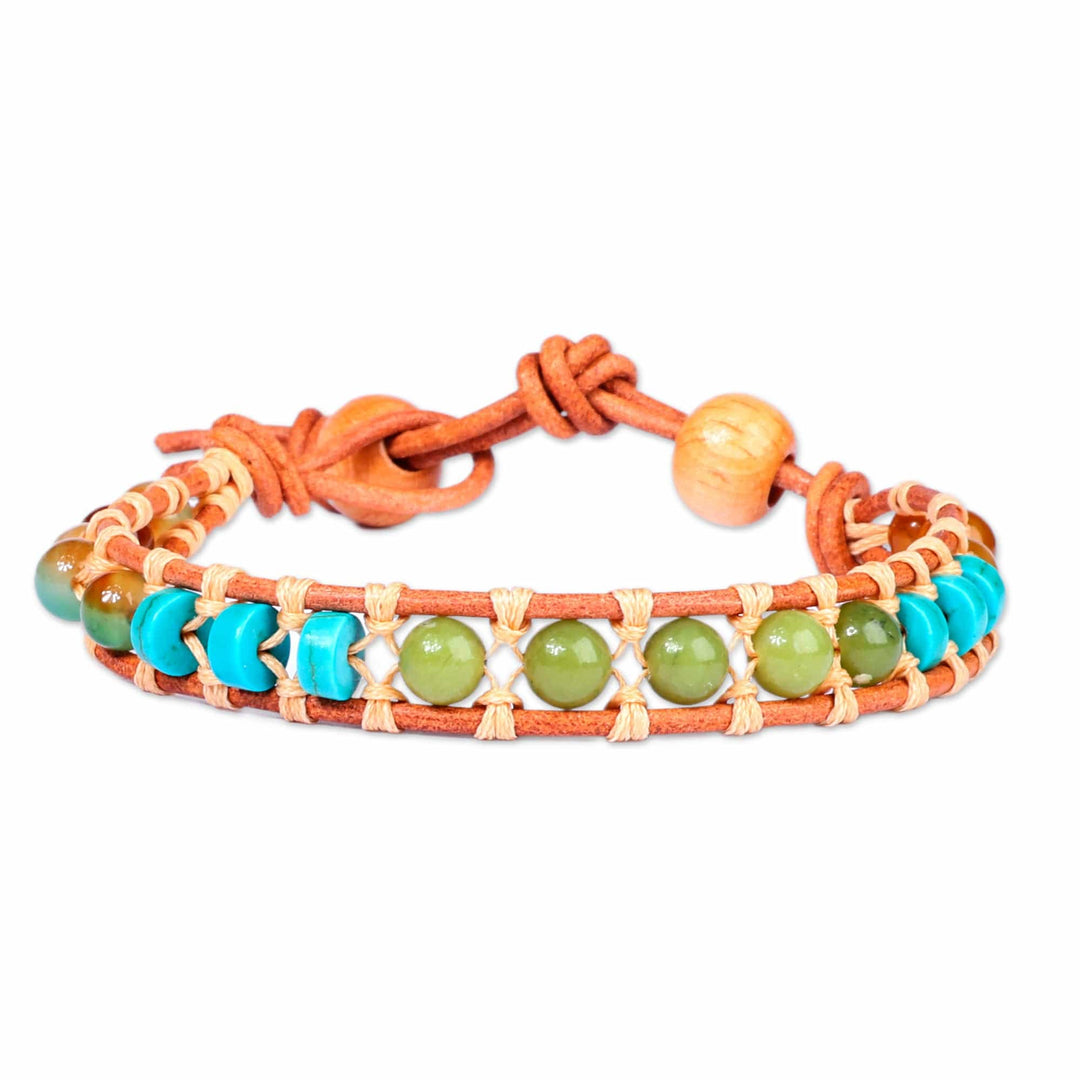 Handmade Agate and Howlite Beaded Bracelet with Leather Cord - Summery Flair