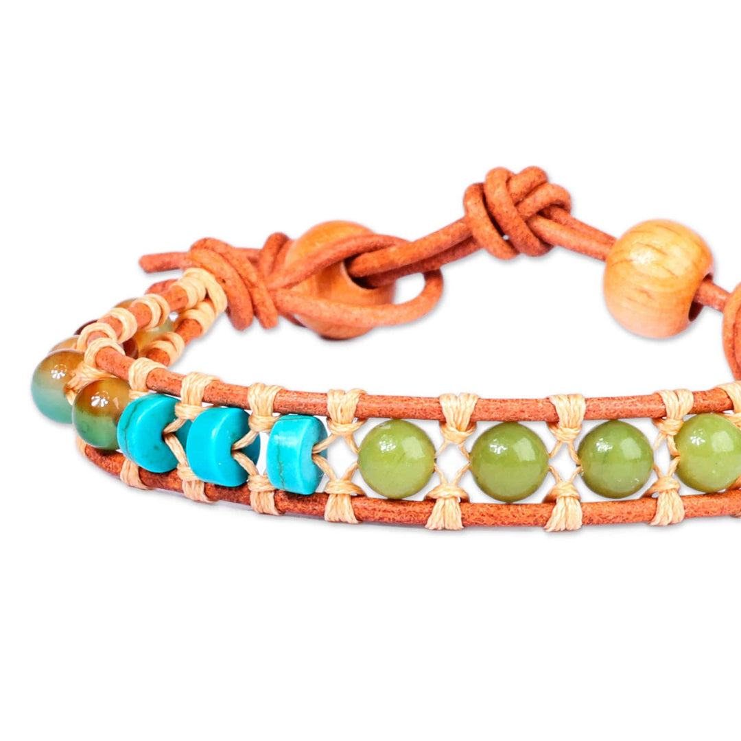Handmade Agate and Howlite Beaded Bracelet with Leather Cord - Summery Flair