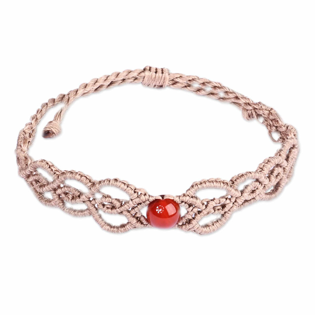 Handmade Beige Cotton Macrame Bracelet with Carnelian Bead - Fire Duchess