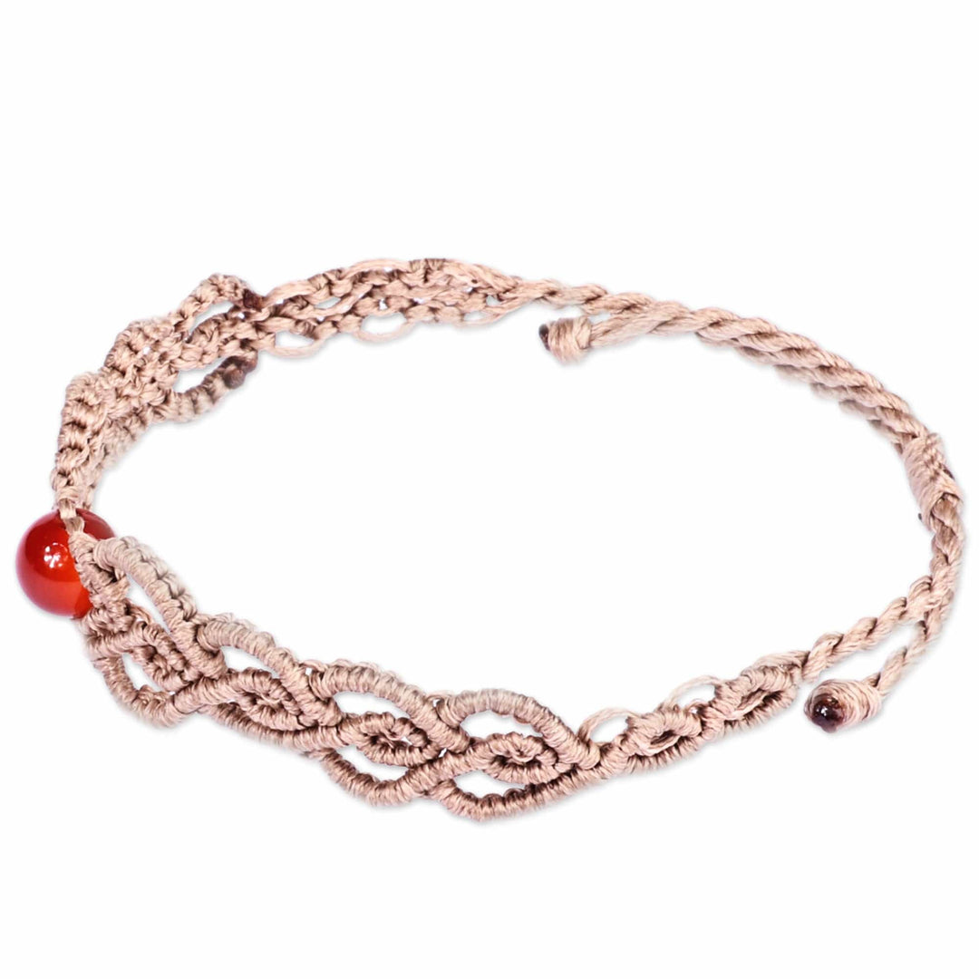Handmade Beige Cotton Macrame Bracelet with Carnelian Bead - Fire Duchess