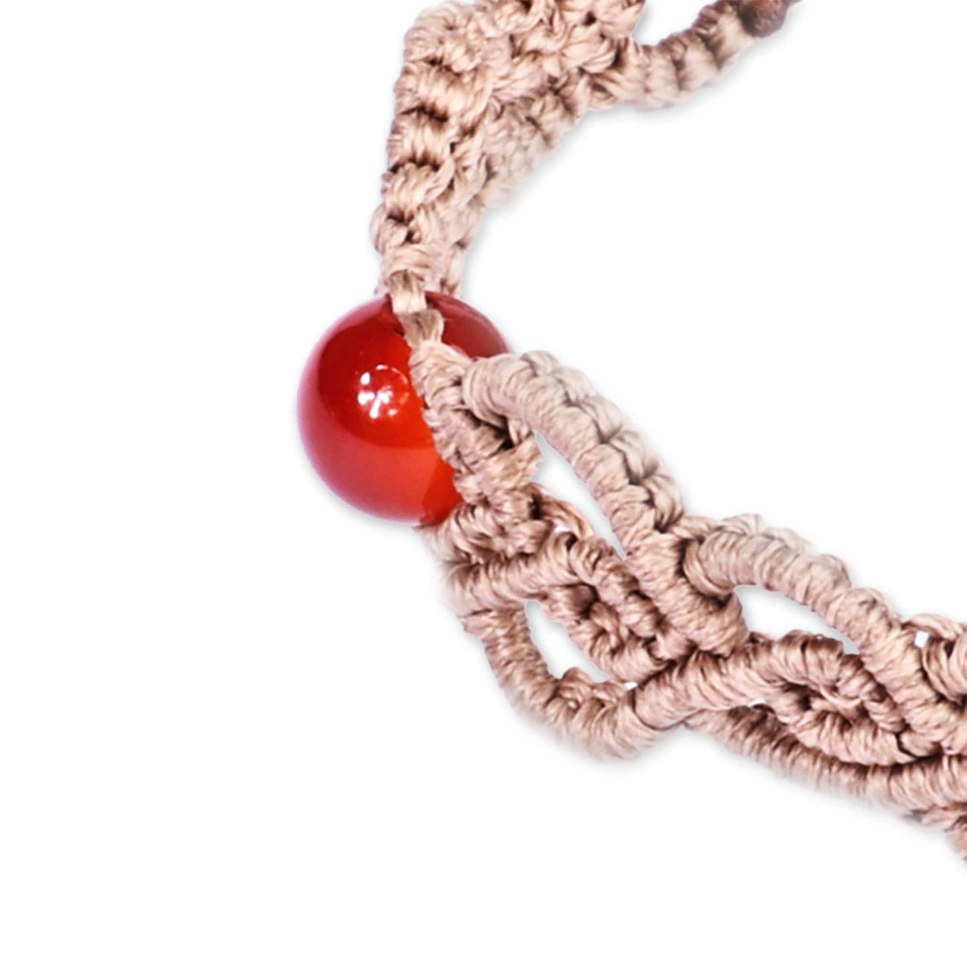 Handmade Beige Cotton Macrame Bracelet with Carnelian Bead - Fire Duchess