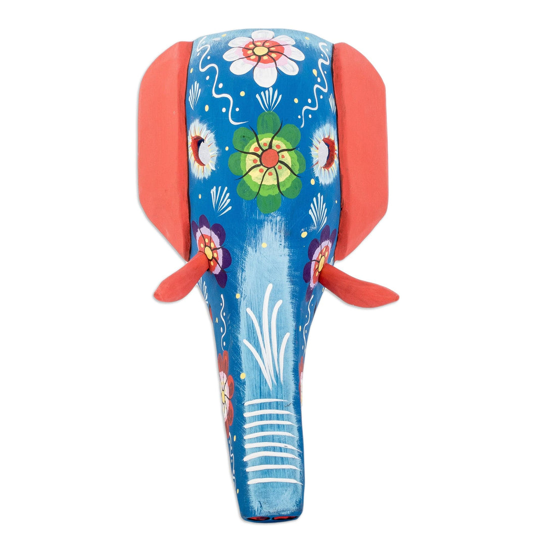 Hand-Painted Floral Orange and Blue Elephant Pinewood Mask - Floral Magificence