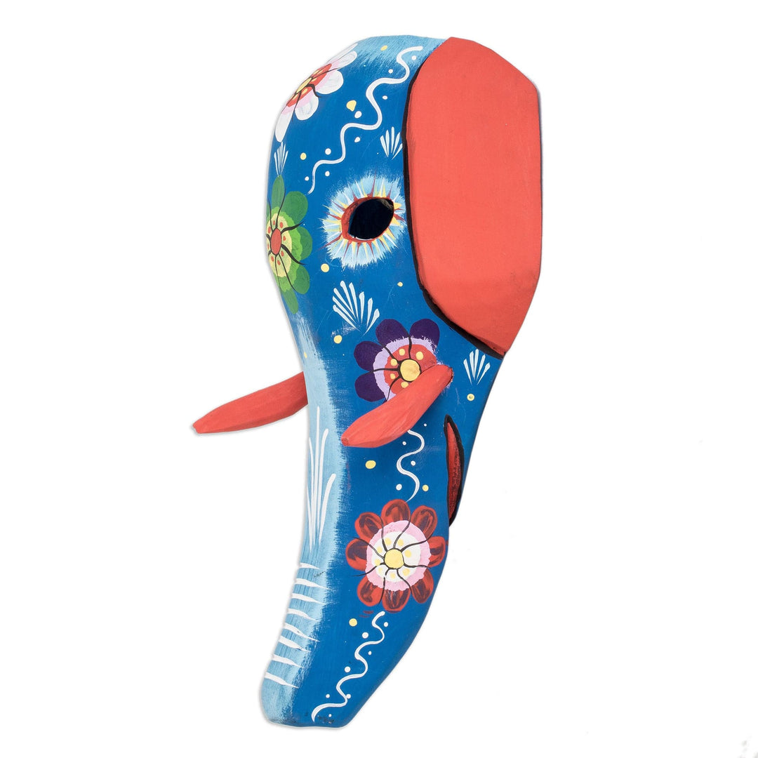 Hand-Painted Floral Orange and Blue Elephant Pinewood Mask - Floral Magificence