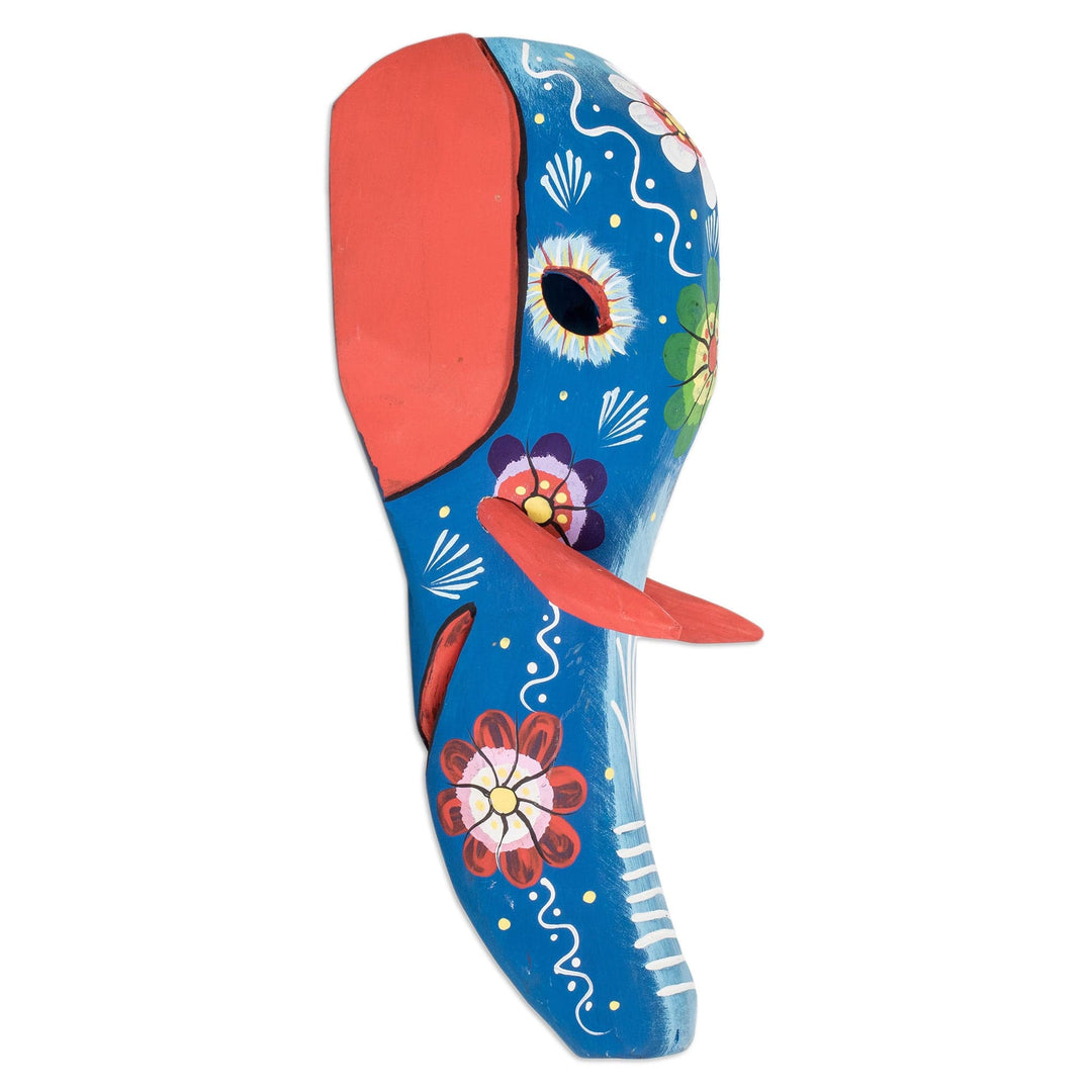 Hand-Painted Floral Orange and Blue Elephant Pinewood Mask - Floral Magificence