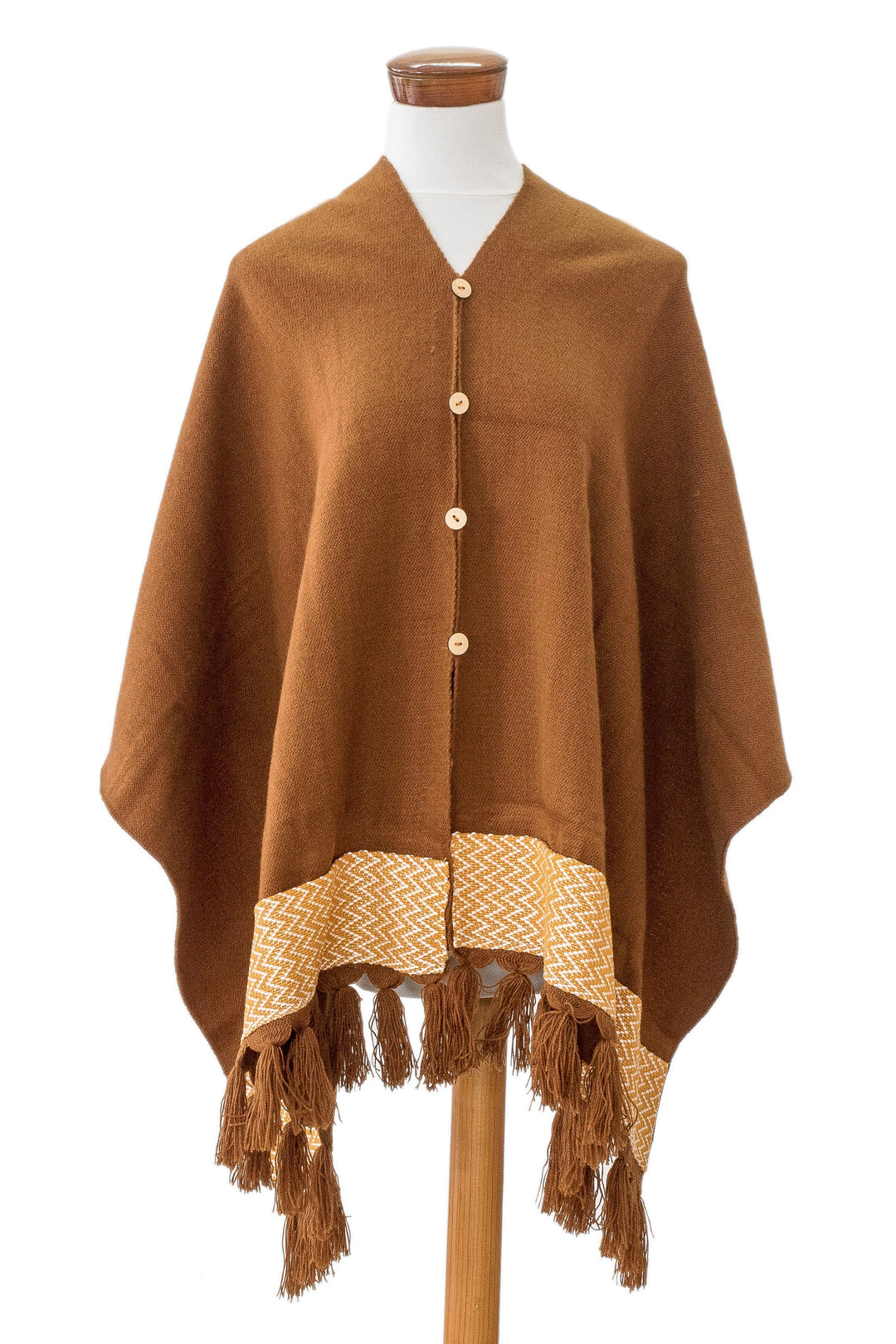 Handloomed Sepia Poncho with Tassels & Cotton Zigzag Accent - Sepia Zigzag