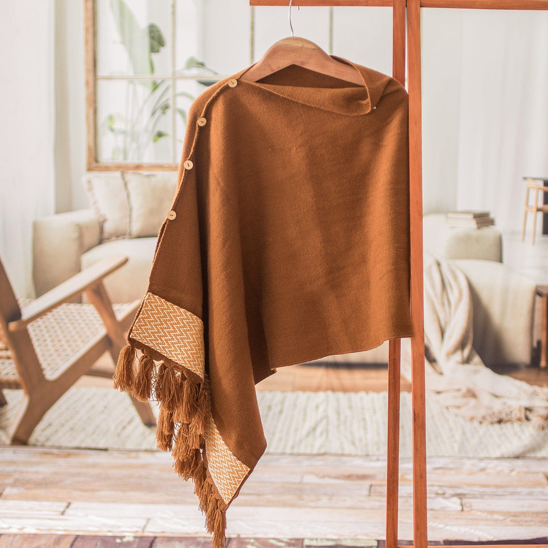 Handloomed Sepia Poncho with Tassels & Cotton Zigzag Accent - Sepia Zigzag