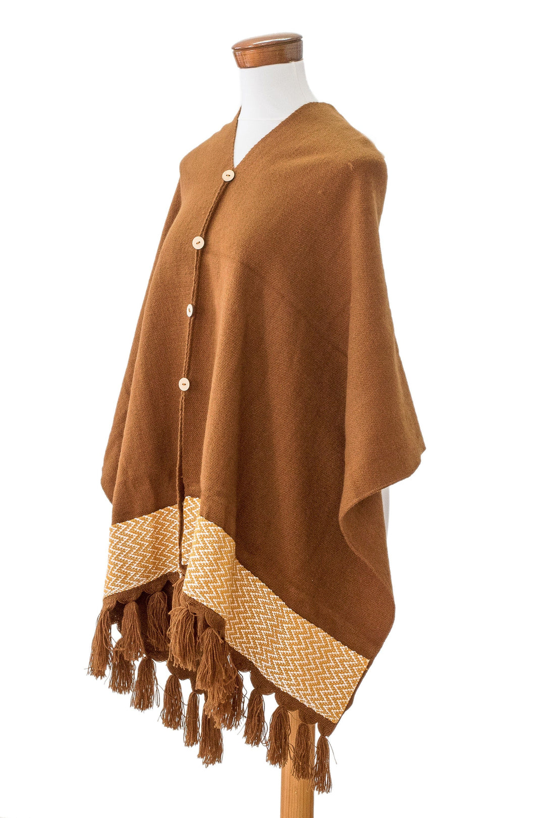 Handloomed Sepia Poncho with Tassels & Cotton Zigzag Accent - Sepia Zigzag