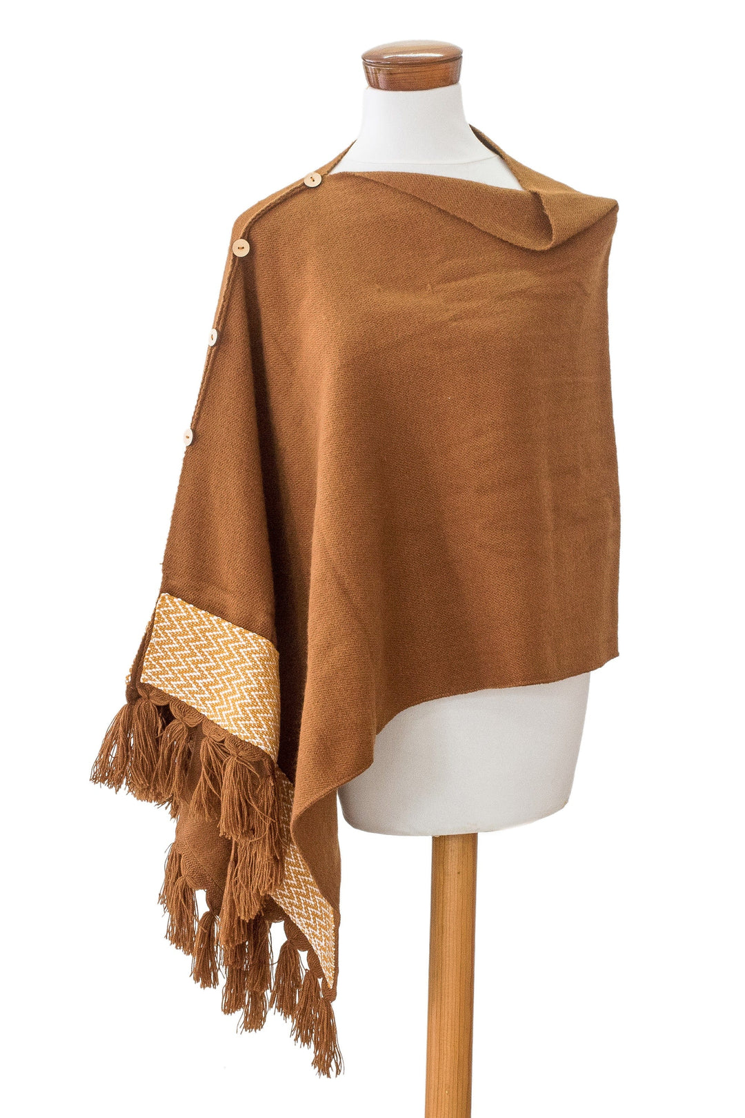 Handloomed Sepia Poncho with Tassels & Cotton Zigzag Accent - Sepia Zigzag