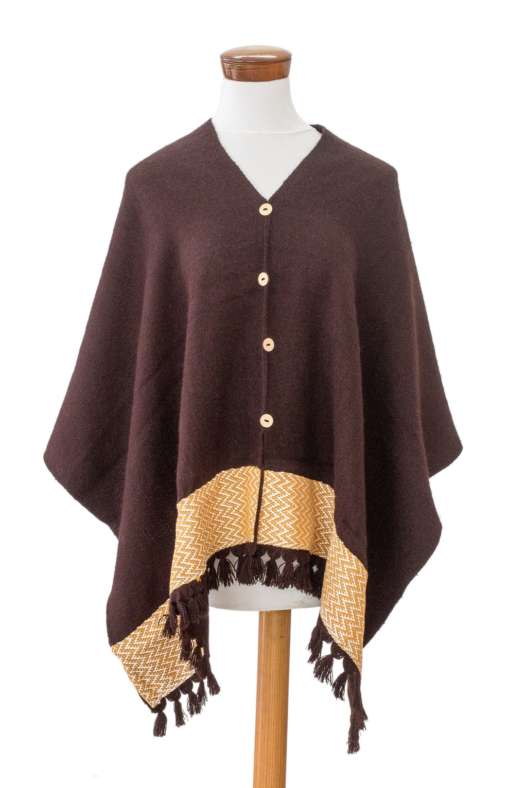 Handloomed Poncho with Decorative Buttons from Guatemala - Chocolate Zigzag