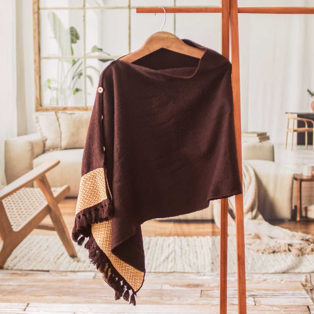 Handloomed Poncho with Decorative Buttons from Guatemala - Chocolate Zigzag