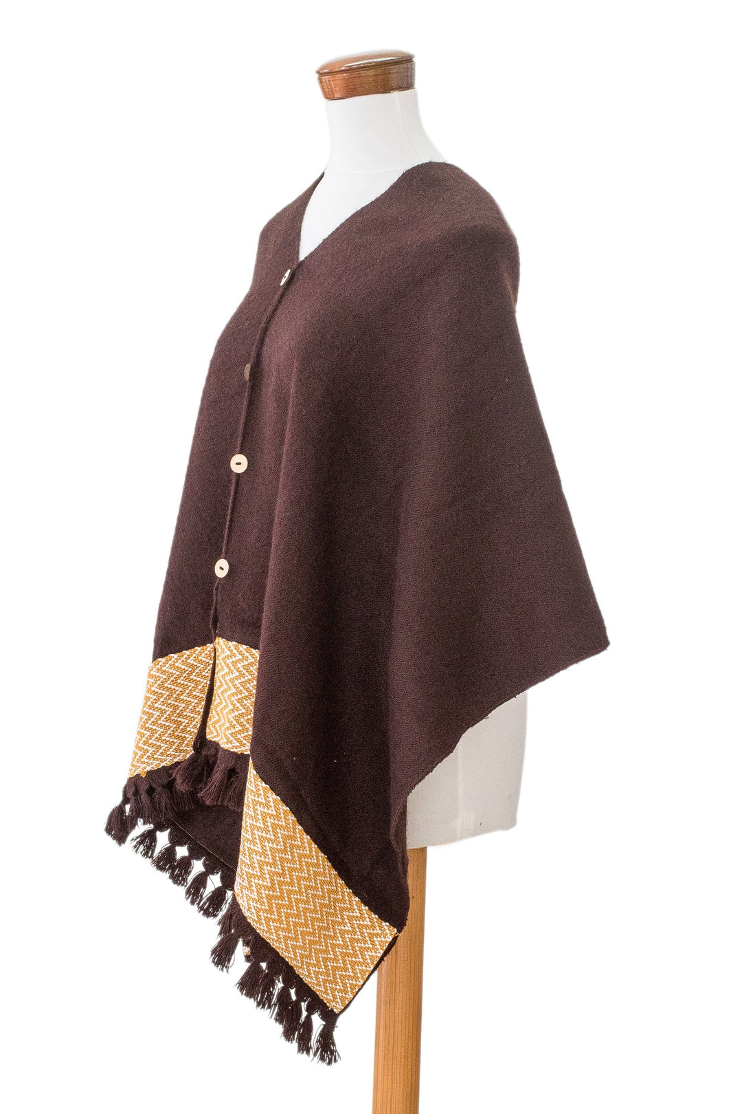 Handloomed Poncho with Decorative Buttons from Guatemala - Chocolate Zigzag