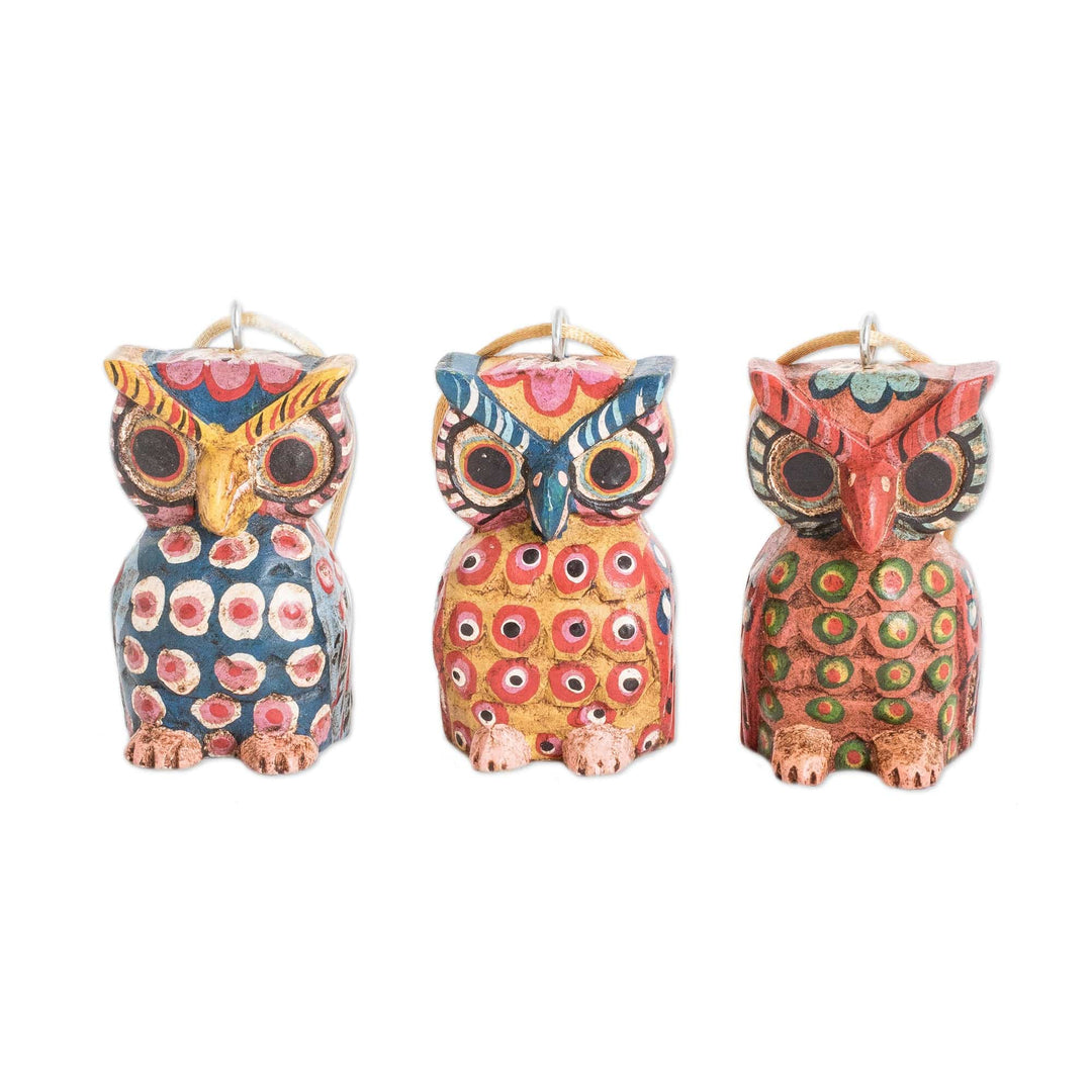 Handcrafted Pinewood Owl Ornaments from Guatemala (Set of 3) - Enchanting Owls