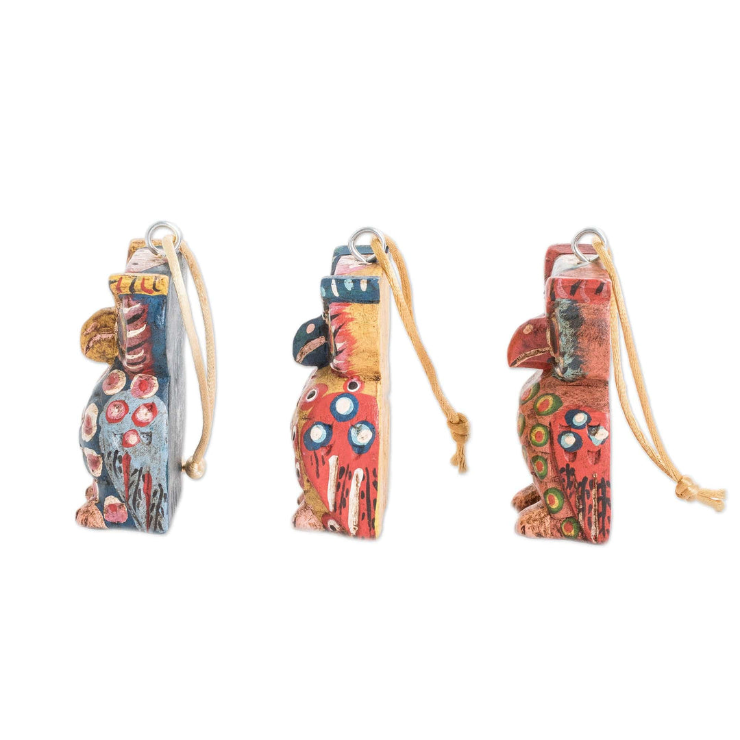 Handcrafted Pinewood Owl Ornaments from Guatemala (Set of 3) - Enchanting Owls
