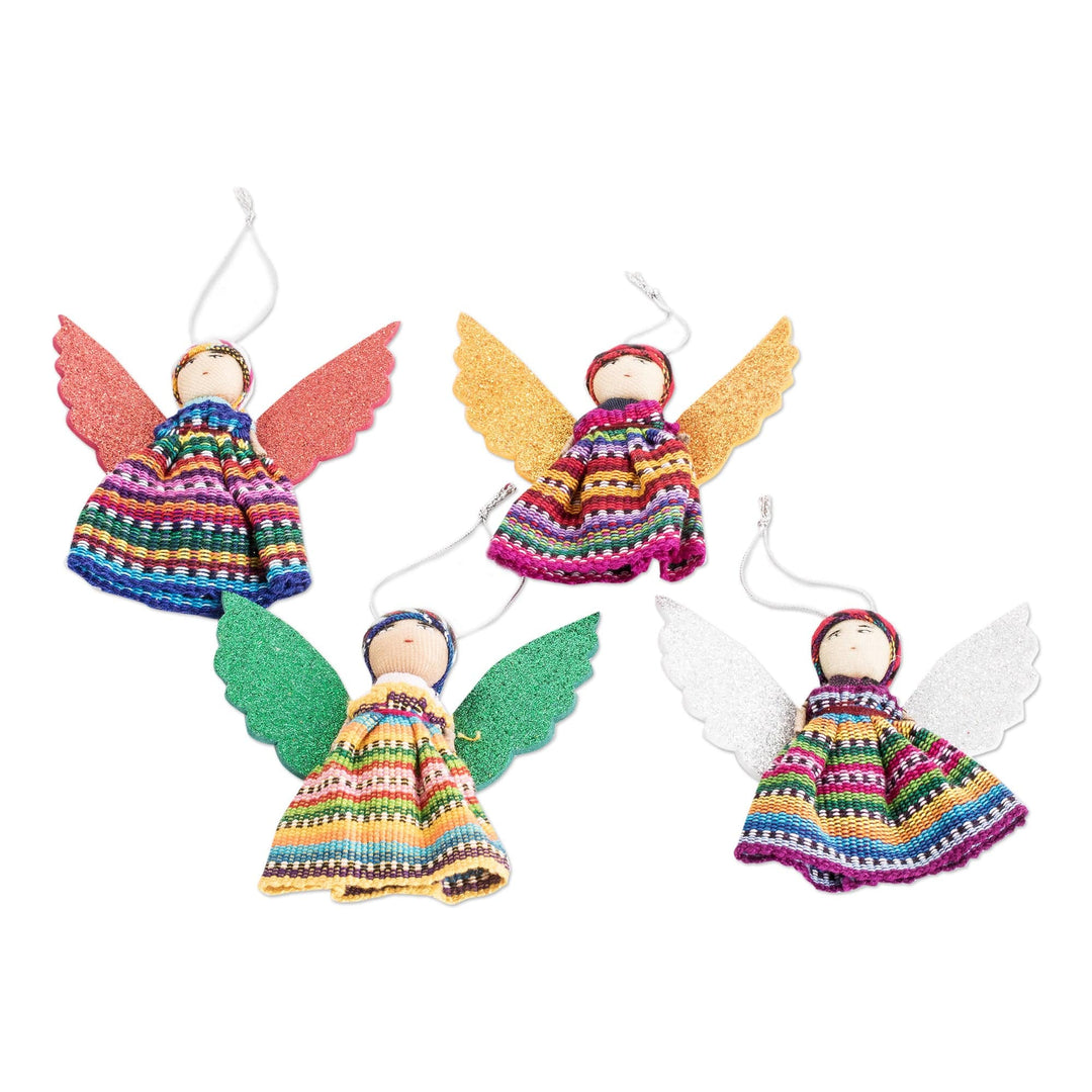 Set of 4 Angel-Themed Colorful Cotton Worry Doll Ornaments - Celebration Angels