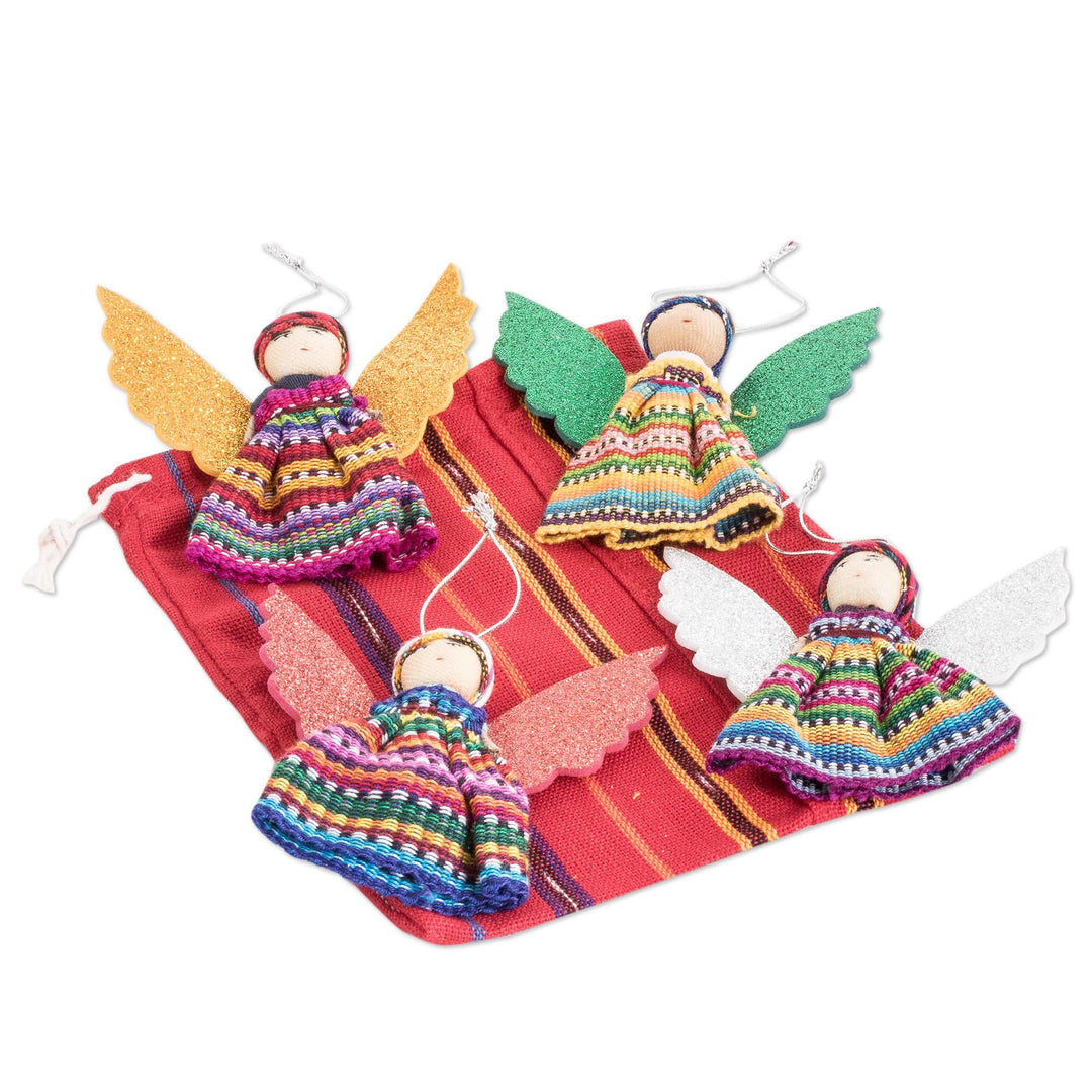 Set of 4 Angel-Themed Colorful Cotton Worry Doll Ornaments - Celebration Angels