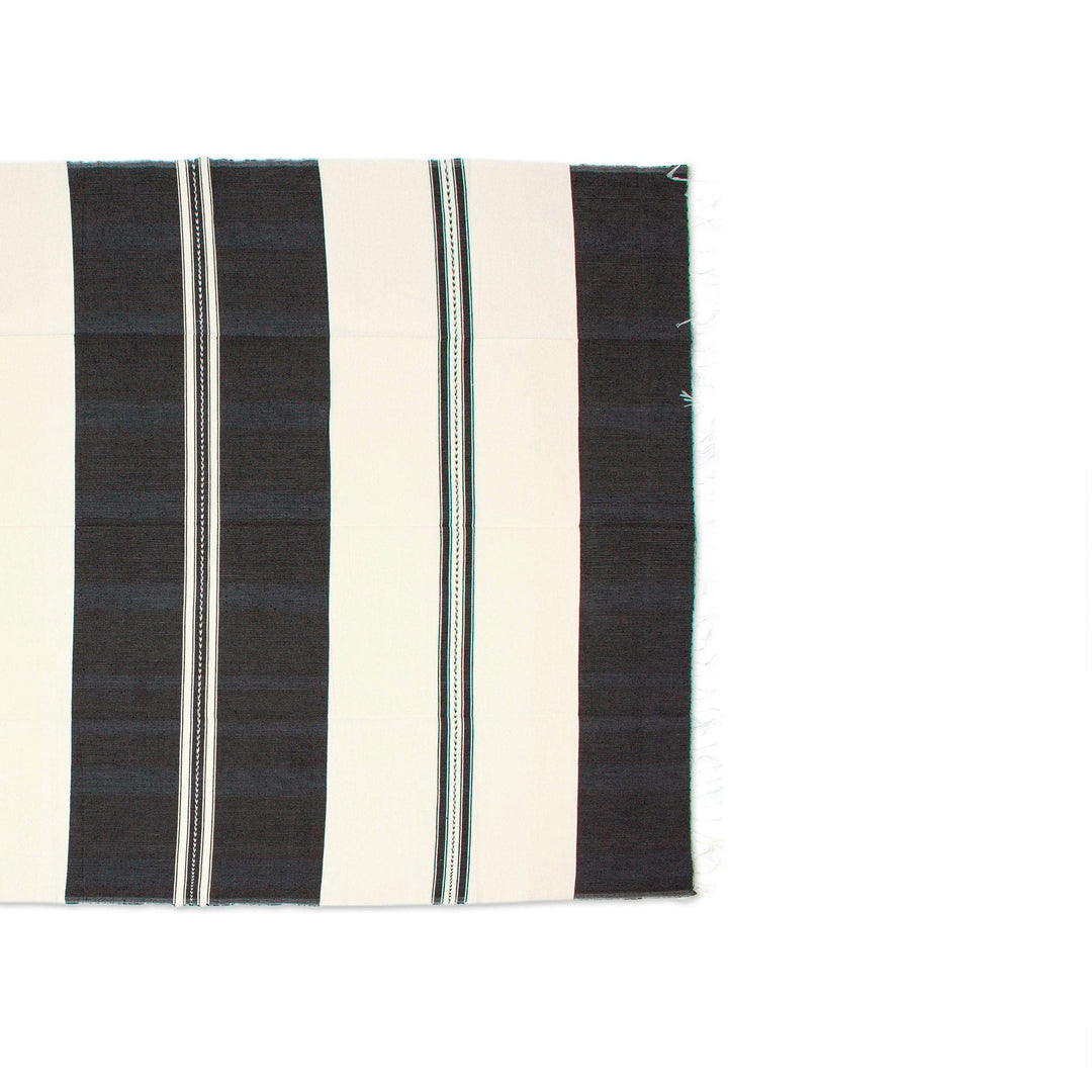 Handwoven Striped Black and White Cotton Tablecloth - Delightful Duality