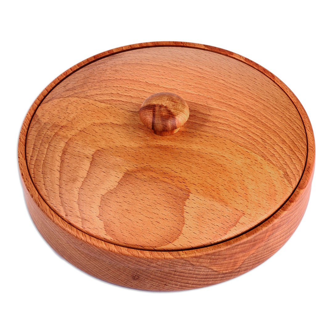 Polished Round Brown Beechwood Decorative Box with Lid - Sylvan Treasure