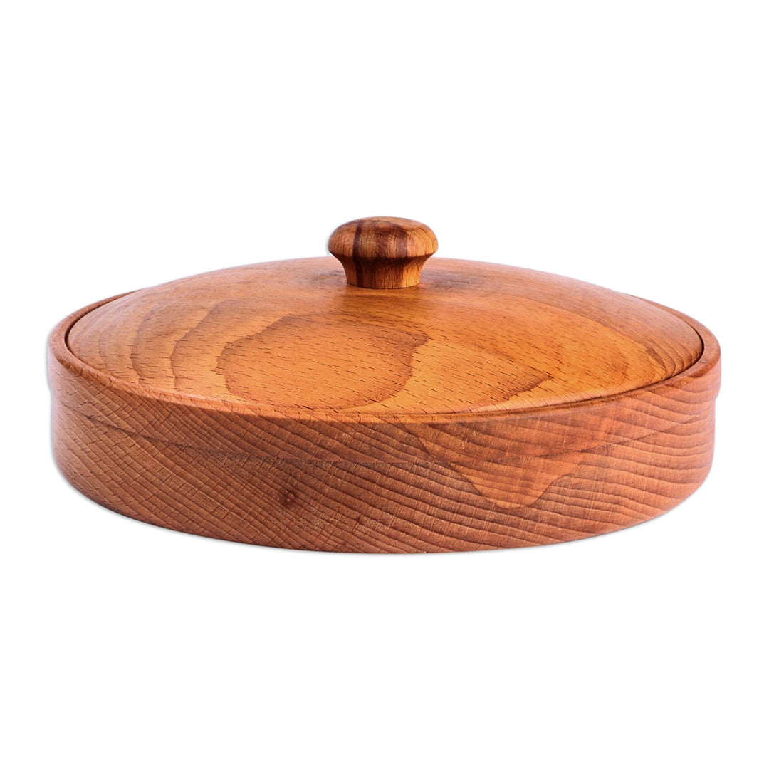 Polished Round Brown Beechwood Decorative Box with Lid - Sylvan Treasure
