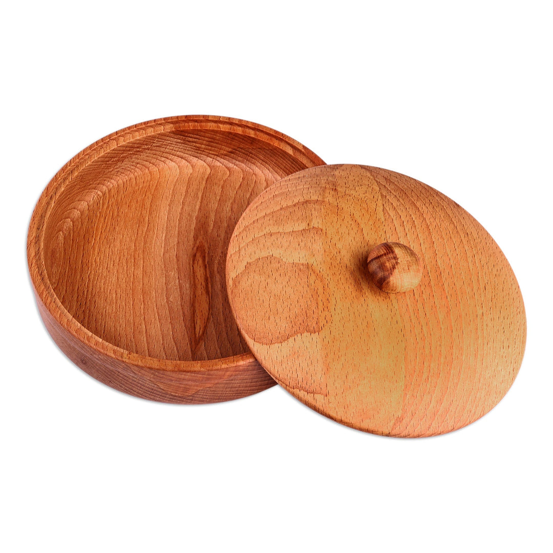 Polished Round Brown Beechwood Decorative Box with Lid - Sylvan Treasure