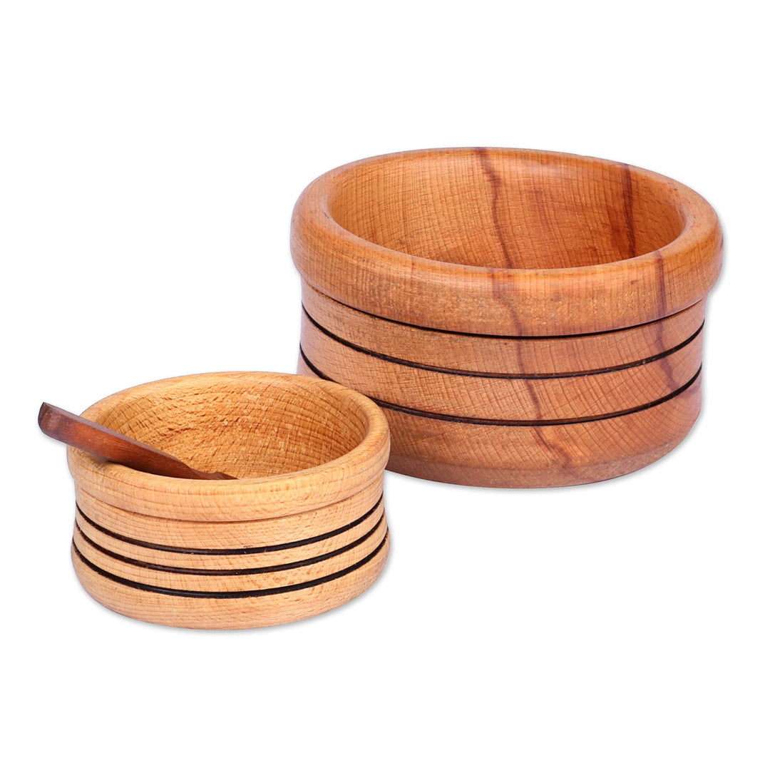 Hand-Carved Striped Beechwood Bowls and Spoon (3 Pieces) - Flavors from the Forest