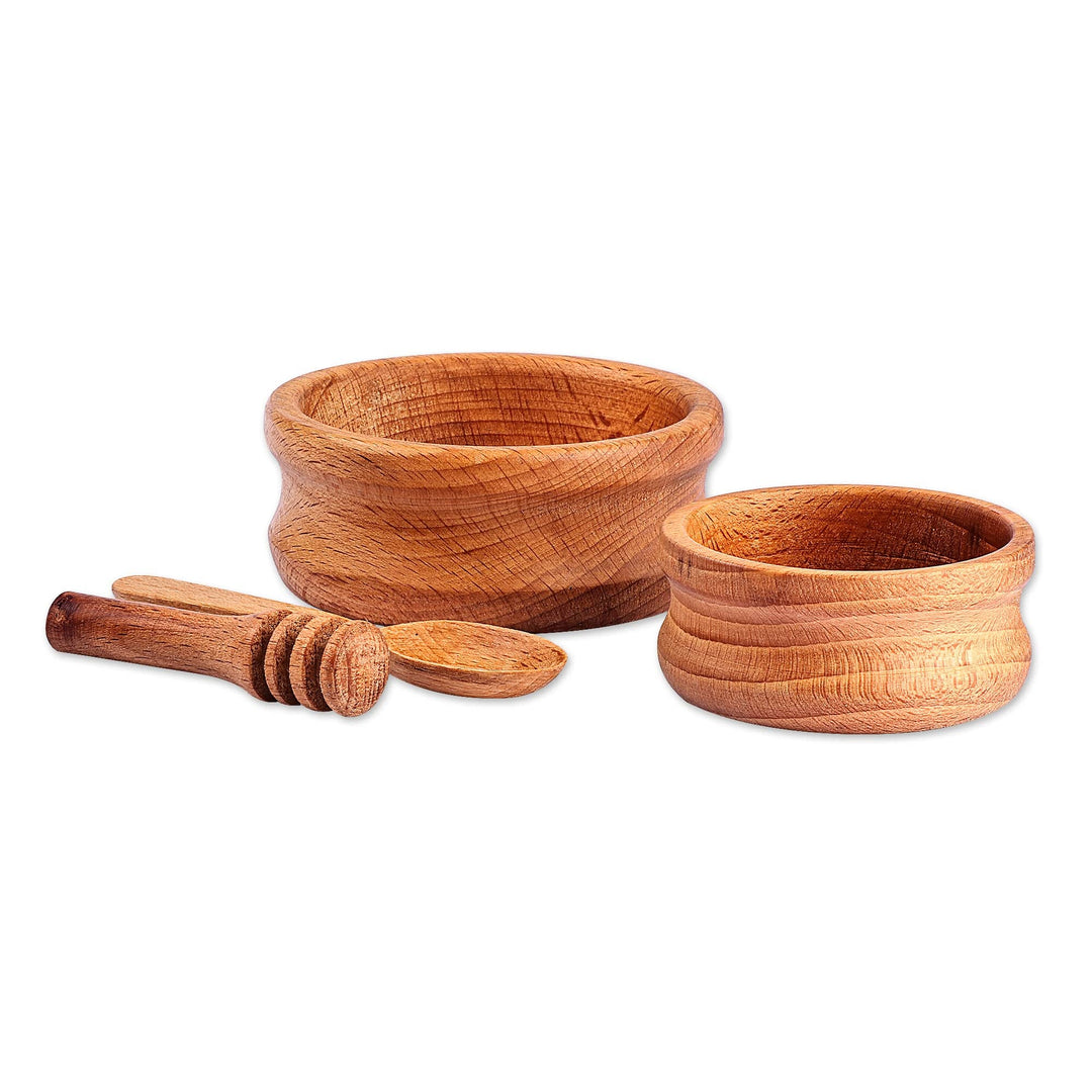 Brown Beechwood Bowls and Serving Utensils Set (4 Pieces) - Sweet Days