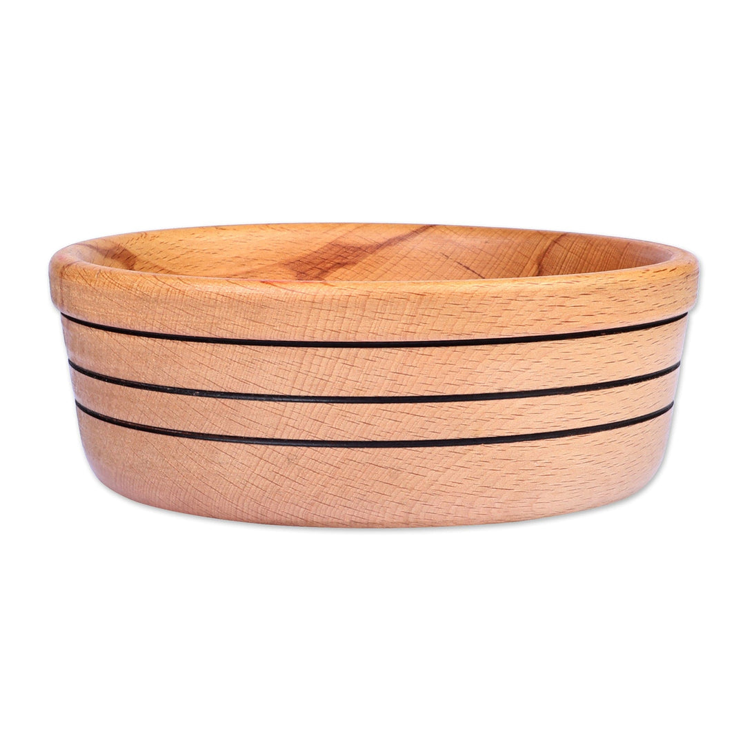 Hand-Carved Striped Beechwood Serving Bowl in Brown - Striped Delight