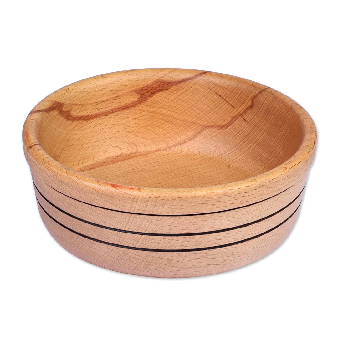 Hand-Carved Striped Beechwood Serving Bowl in Brown - Striped Delight