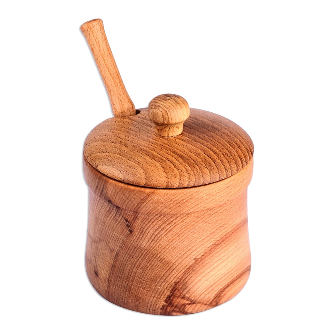 Hand-Carved Beechwood Wood Honey Pot and Dipper - Sylvan Sweetness