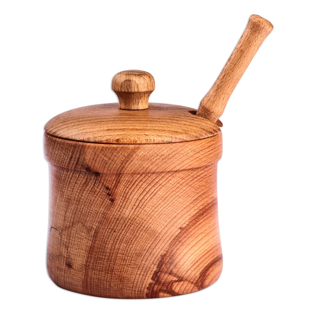 Hand-Carved Beechwood Wood Honey Pot and Dipper - Sylvan Sweetness
