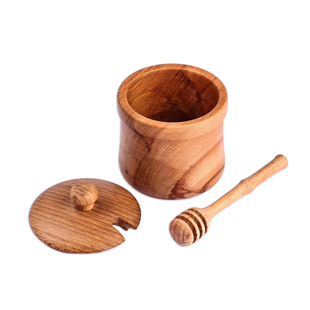 Hand-Carved Beechwood Wood Honey Pot and Dipper - Sylvan Sweetness