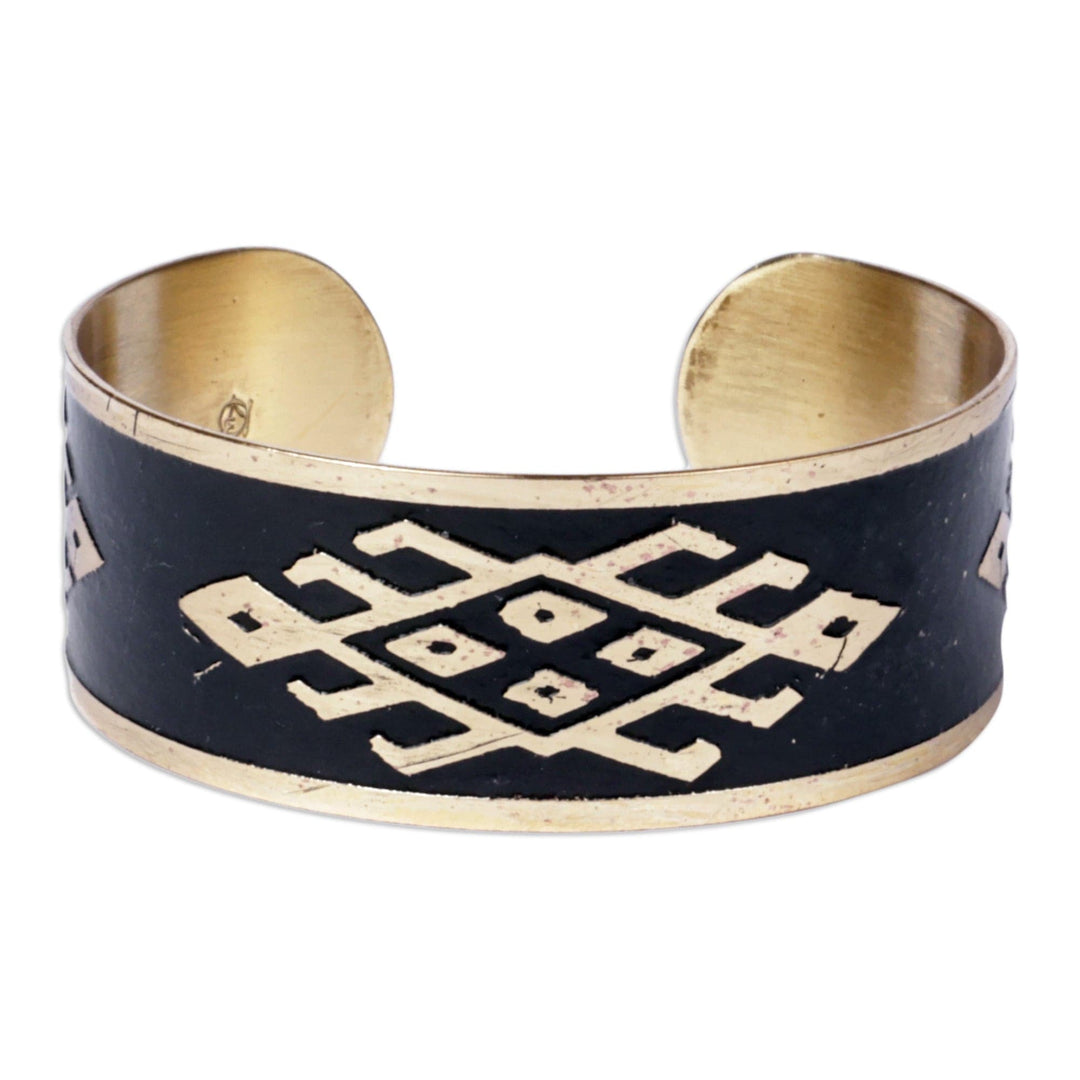 Brass Cuff Bracelet in Black with Traditional Armenian Motif - Black Rhombus Fantasy