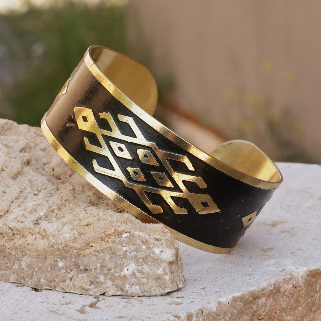 Brass Cuff Bracelet in Black with Traditional Armenian Motif - Black Rhombus Fantasy