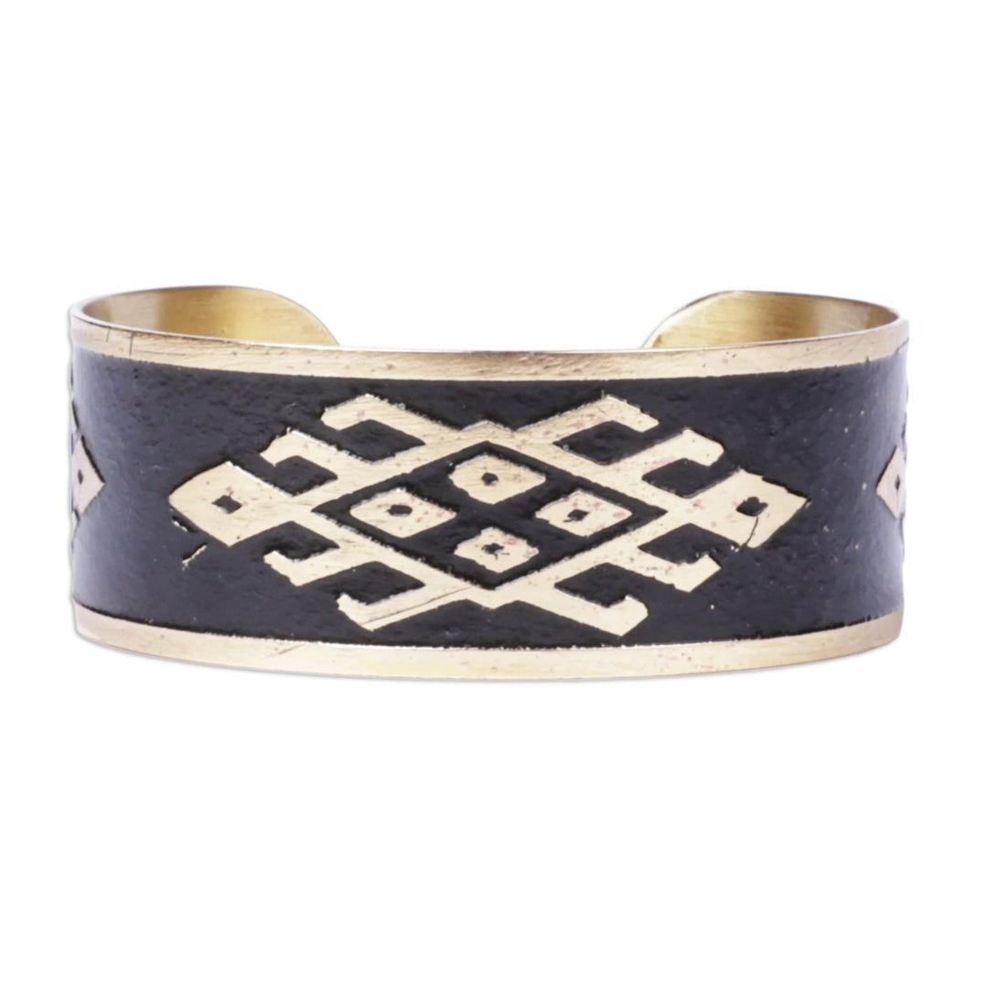 Brass Cuff Bracelet in Black with Traditional Armenian Motif - Black Rhombus Fantasy