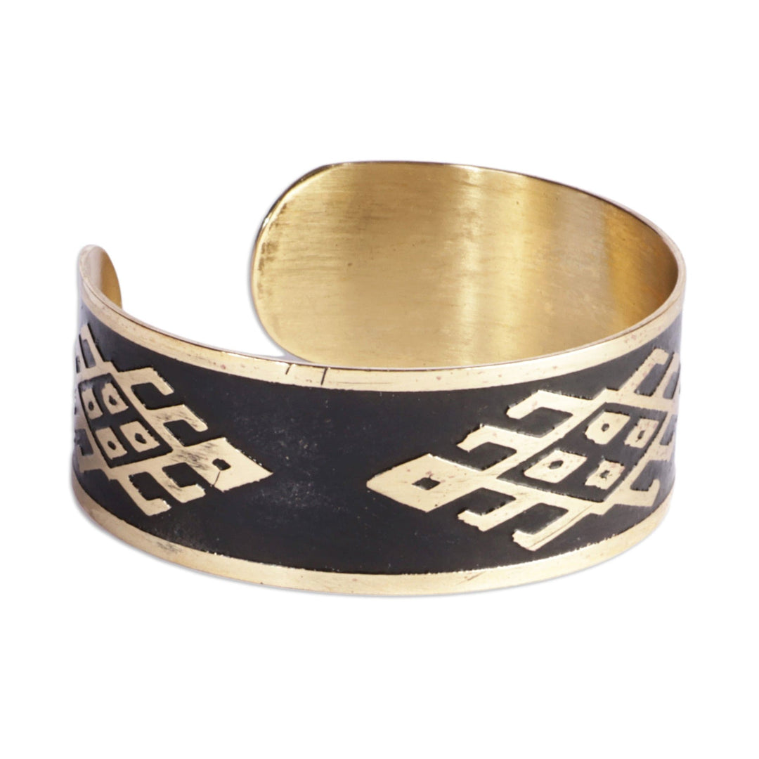 Brass Cuff Bracelet in Black with Traditional Armenian Motif - Black Rhombus Fantasy