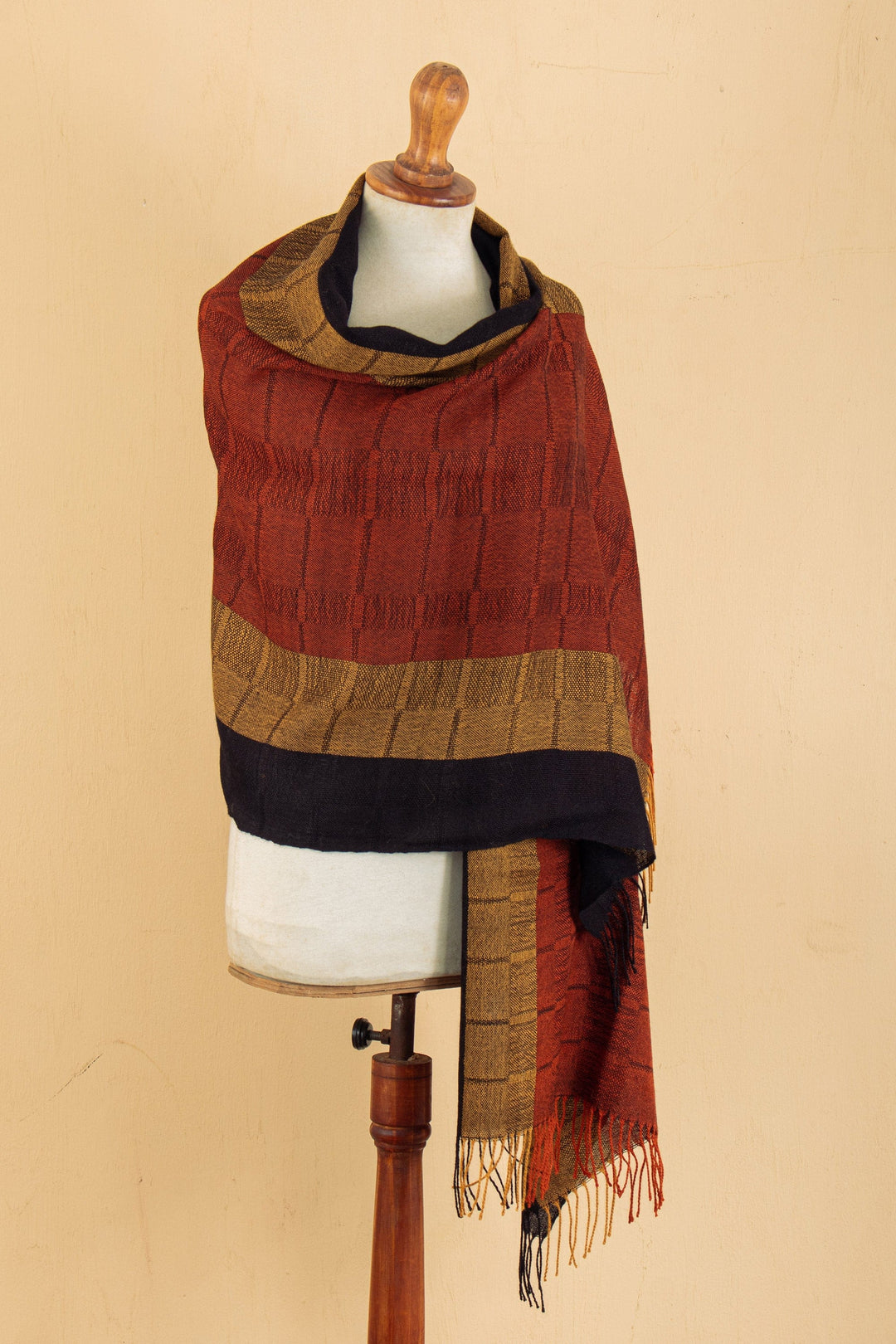 Handwoven Striped Fringed Salamander 100% Baby Alpaca Shawl - Balance & Force