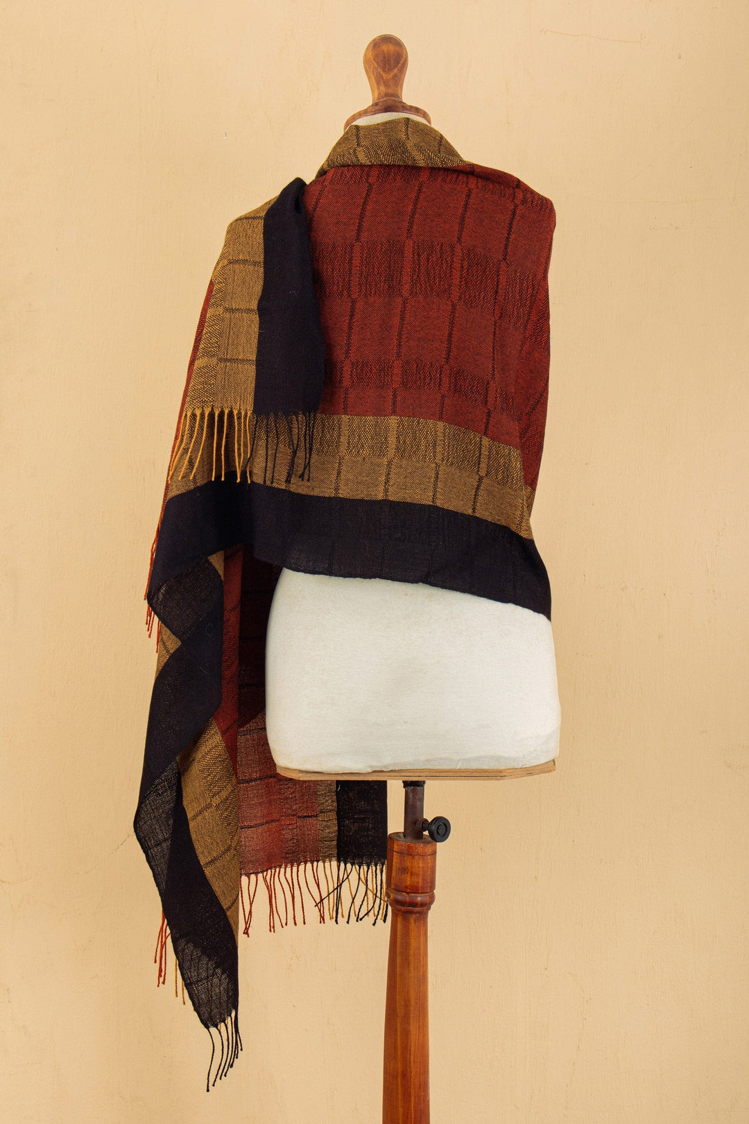 Handwoven Striped Fringed Salamander 100% Baby Alpaca Shawl - Balance & Force