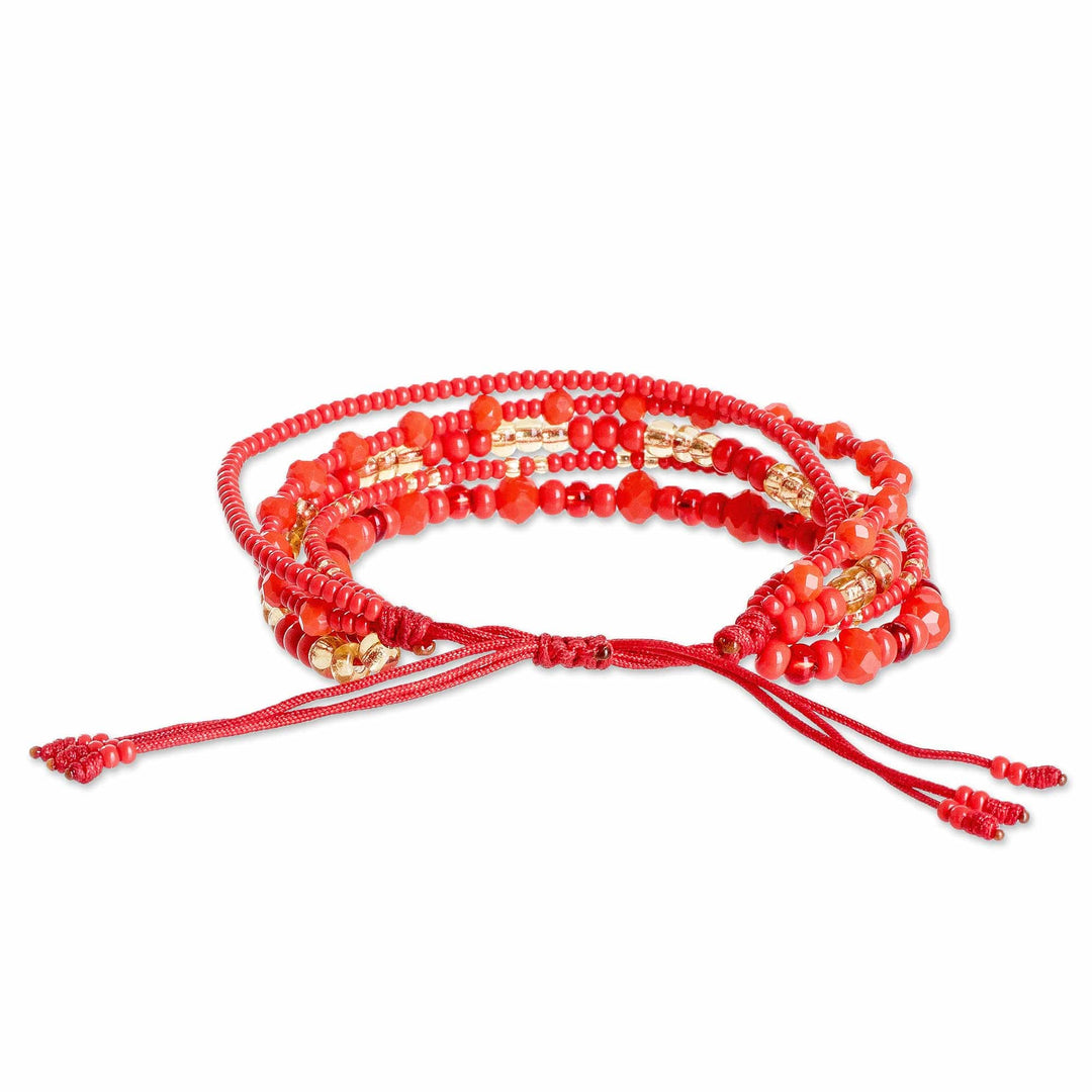 Red and Gold Handmade Multi-Strand Glass Beaded Bracelet - Vibrant Radiance