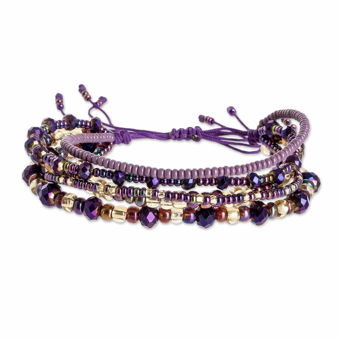 Purple and Gold Handmade Multi-Strand Glass Beaded Bracelet - Chic Radiance