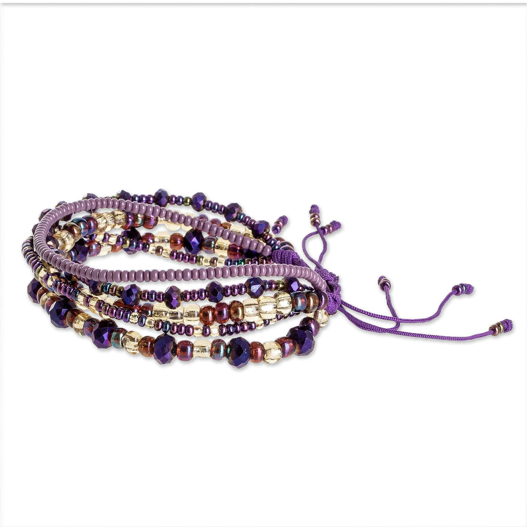 Purple and Gold Handmade Multi-Strand Glass Beaded Bracelet - Chic Radiance