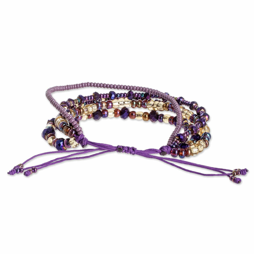 Purple and Gold Handmade Multi-Strand Glass Beaded Bracelet - Chic Radiance