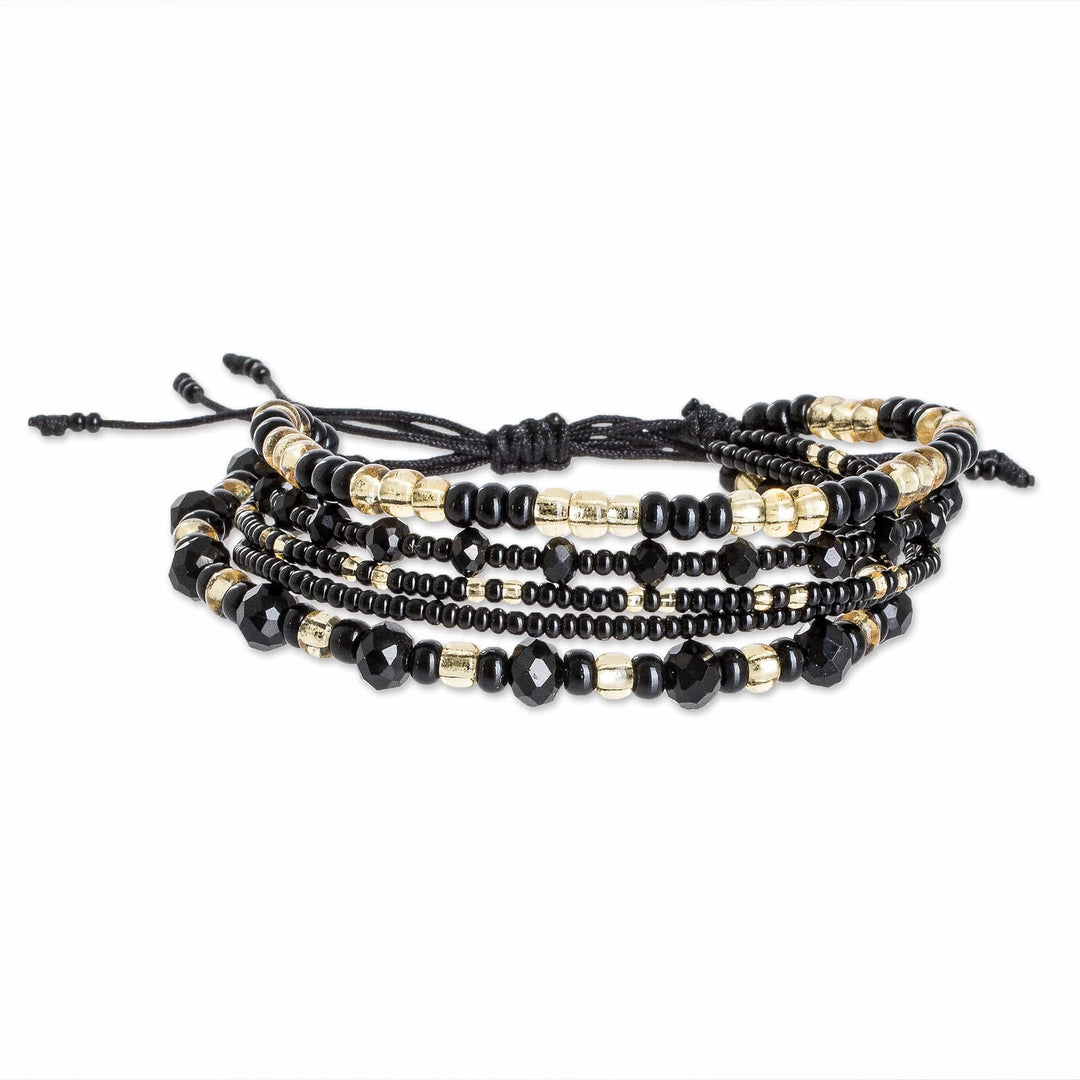 Black and Gold Handmade Multi-Strand Glass Beaded Bracelet - Sophisticated Radiance