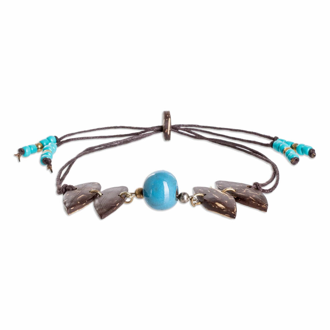 Handmade Coconut Shell Pendant Bracelet with Ceramic Bead - Natural Vibrancy