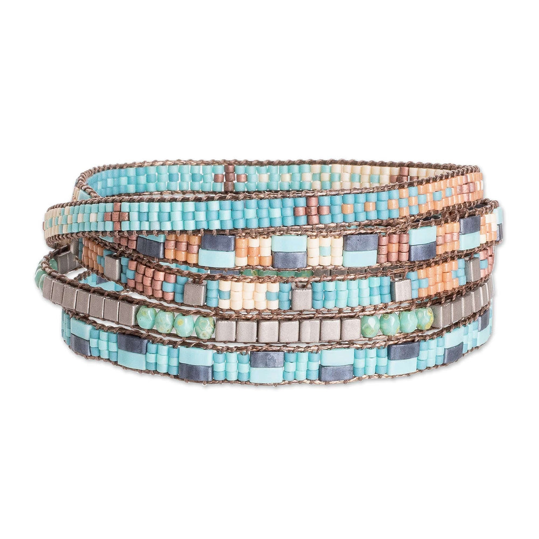 Handmade Turquoise and Brown Glass Beaded Wrap Bracelet - Crystalline Rivers