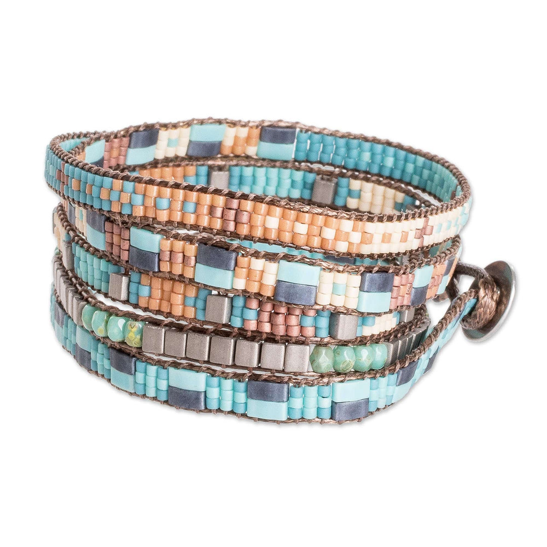 Handmade Turquoise and Brown Glass Beaded Wrap Bracelet - Crystalline Rivers