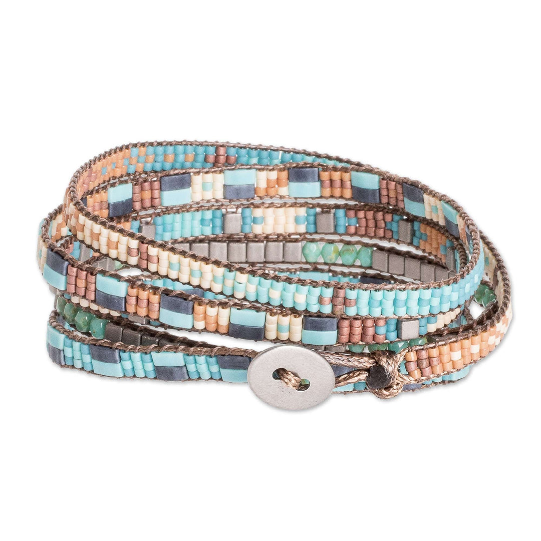Handmade Turquoise and Brown Glass Beaded Wrap Bracelet - Crystalline Rivers