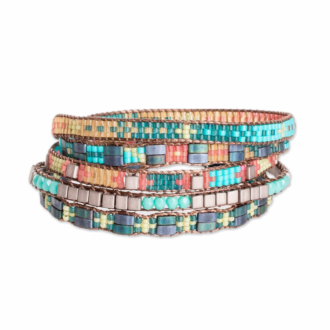 Handmade Green and Turquoise Glass Beaded Wrap Bracelet - Turquoise Lagoon