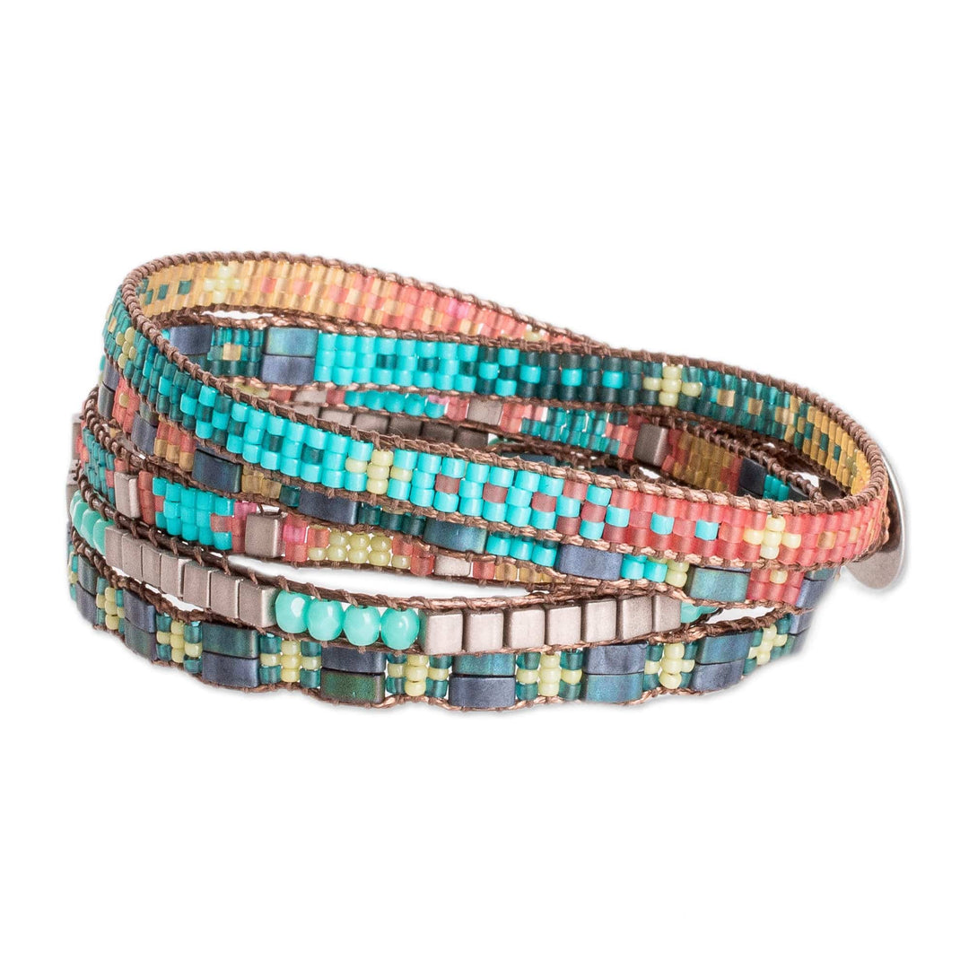 Handmade Green and Turquoise Glass Beaded Wrap Bracelet - Turquoise Lagoon