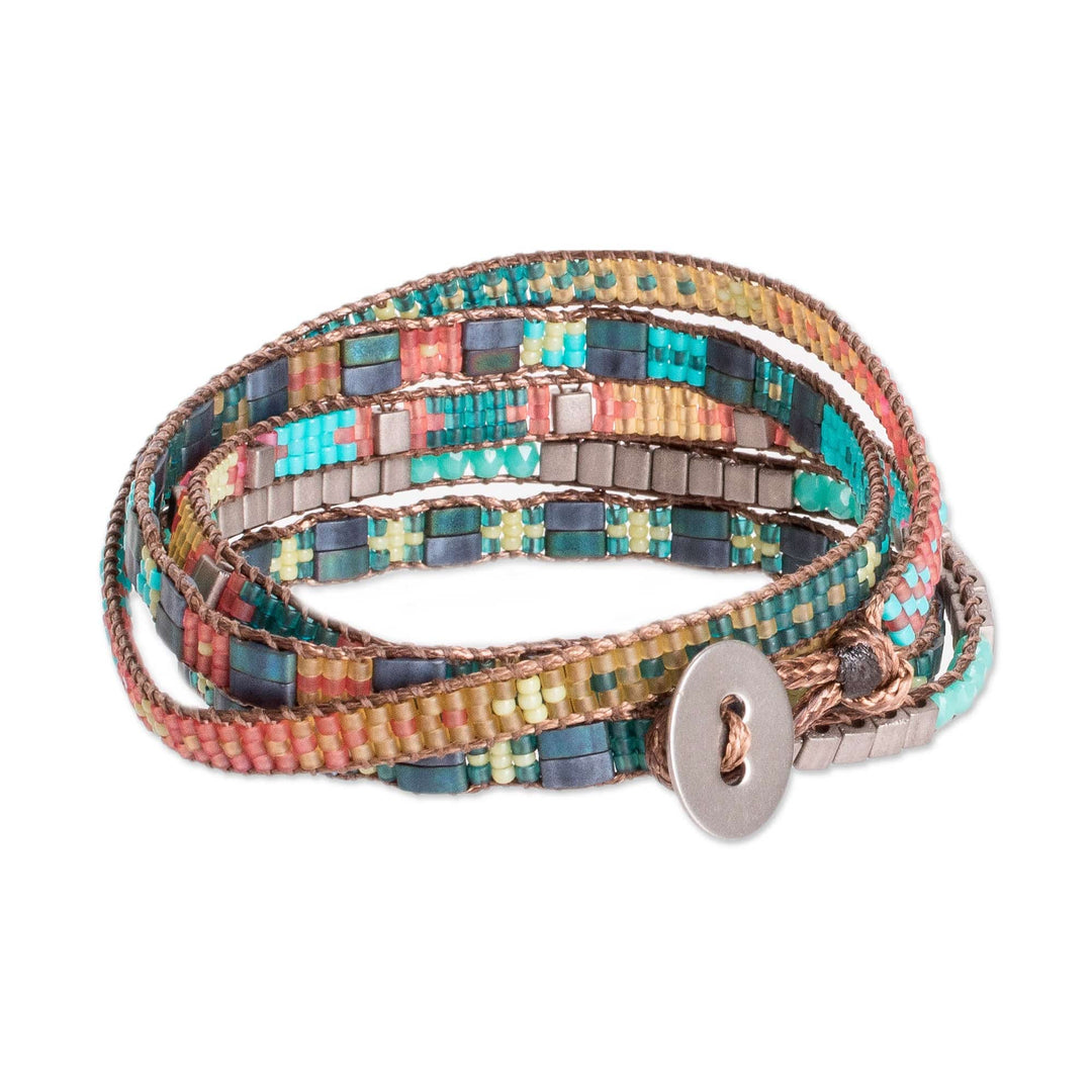 Handmade Green and Turquoise Glass Beaded Wrap Bracelet - Turquoise Lagoon